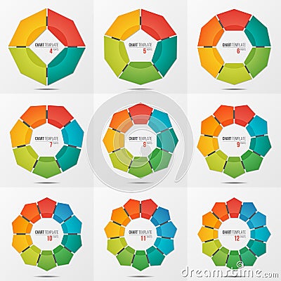 Set of polygonal circle chart templates with 4-12 parts Vector Illustration