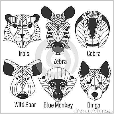 Set of polygonal head animals. Polygonal logos. Geometric set of Irbis, Zebra, Cobra, Wild Boar, Blue Monkey, Dingo Vector Illustration