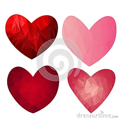 Set polygonal red and pink hearts on a white background Vector Illustration