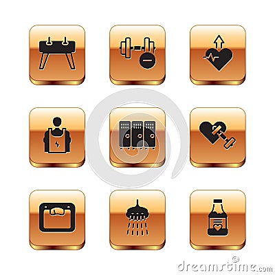 Set Pommel horse, Bathroom scales, Shower, Locker changing, Bodybuilder, Heartbeat increase, Vitamins and Dumbbell icon Vector Illustration