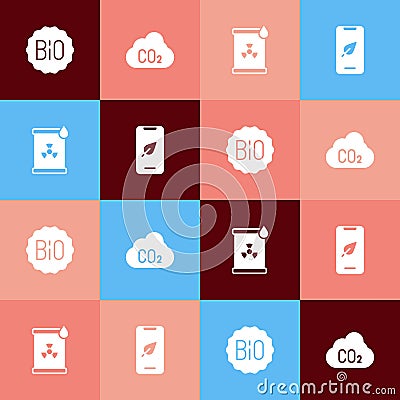 Set pop art Banner for bio, CO2 emissions in cloud, Radioactive waste barrel and Mobile phone with leaf icon. Vector Vector Illustration
