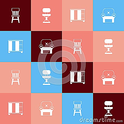 Set pop art Chair, Office chair, Wardrobe and Armchair icon. Vector Stock Photo