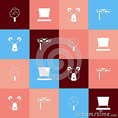 Set pop art Cotton candy, Cylinder hat, Bear head and Festive mask icon. Vector Vector Illustration