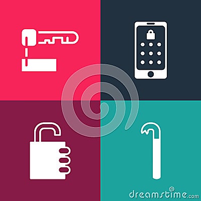 Set pop art Crowbar, Safe combination lock, Mobile and graphic password and Marked key icon. Vector Vector Illustration