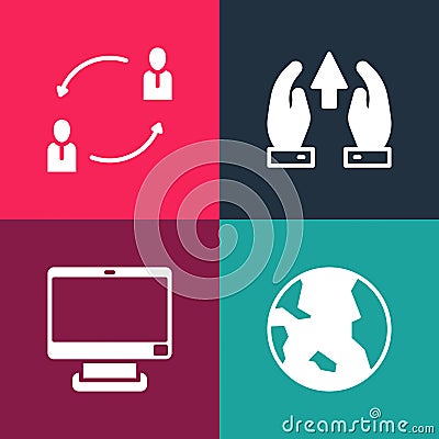 Set pop art Earth globe, Computer monitor, Growth chart and progress and Human resources icon. Vector Vector Illustration