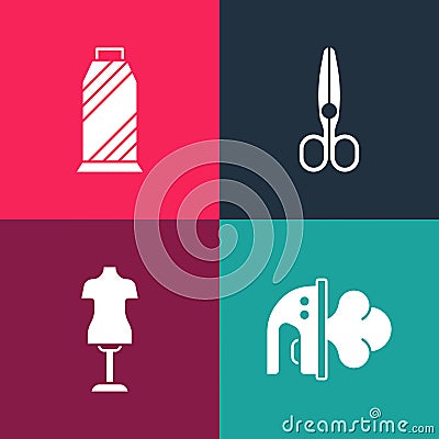 Set pop art Electric iron, Mannequin, Scissors and Sewing thread spool icon. Vector Vector Illustration