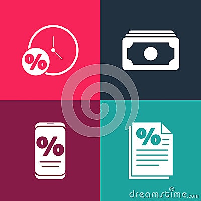 Set pop art Finance document, Percent discount and mobile, Stacks paper money cash and Clock percent icon. Vector Vector Illustration