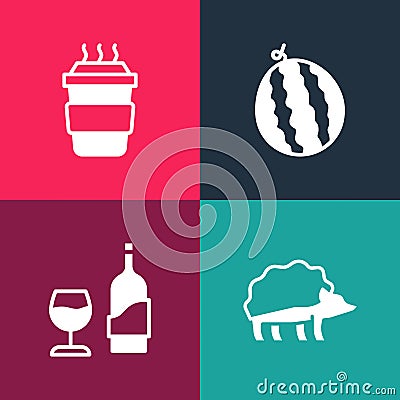 Set pop art Hedgehog, Wine bottle with glass, Watermelon and Coffee cup to go icon. Vector Vector Illustration