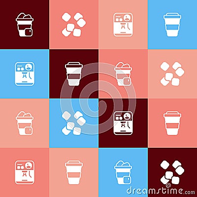Set pop art Iced coffee, Sugar cubes, Coffee machine and cup to go icon. Vector Vector Illustration