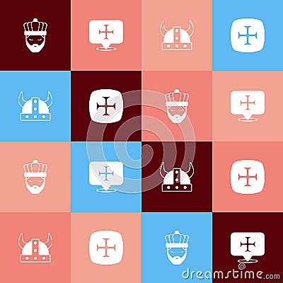 Set pop art King with crown, Crusade, Viking horned helmet and icon. Vector Vector Illustration