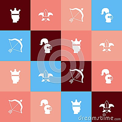 Set pop art King crown, Fleur de lys or lily flower, Medieval bow and arrow and helmet icon. Vector Vector Illustration