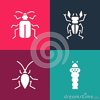 Set pop art Larva insect, Cockroach, Beetle deer and Chafer beetle icon. Vector Vector Illustration