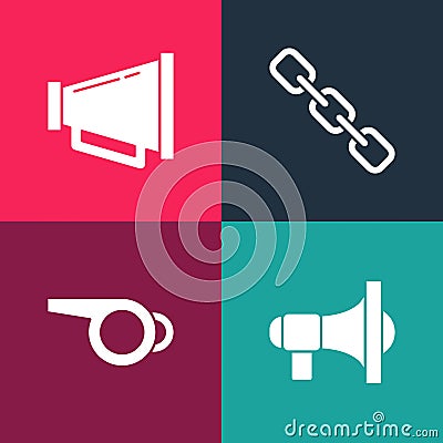 Set pop art Megaphone, Whistle, Chain link and icon. Vector Vector Illustration