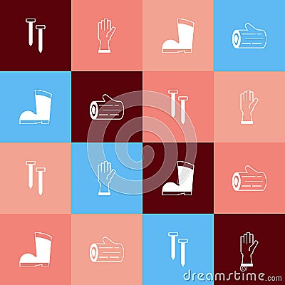 Set pop art Metallic nails, Protective gloves, Waterproof rubber boot and Wooden log icon. Vector Vector Illustration