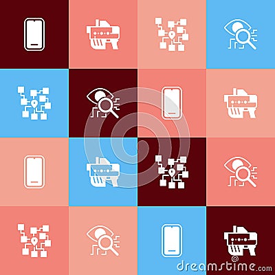 Set pop art Mobile phone, Futuristic weapon, Neural network and Eye scan icon. Vector Vector Illustration