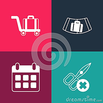 Set pop art No scissors, Calendar and airplane, Conveyor belt with suitcase and Trolley baggage icon. Vector Vector Illustration