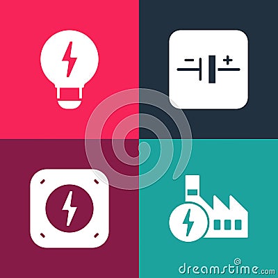 Set pop art Nuclear power plant, Lightning bolt, DC voltage source and Creative lamp light idea icon. Vector Vector Illustration