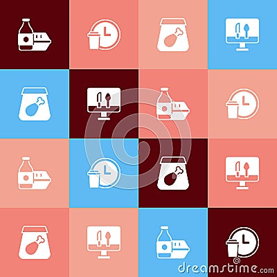 Set pop art Online ordering food, Round the clock delivery, meal and icon. Vector Vector Illustration