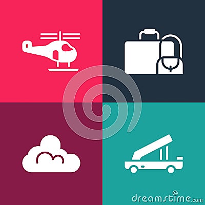Set pop art Passenger ladder, Cloud weather, Suitcase and Helicopter icon. Vector Vector Illustration