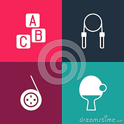 Set pop art Racket and ball, Yoyo toy, Jump rope and ABC blocks icon. Vector Vector Illustration