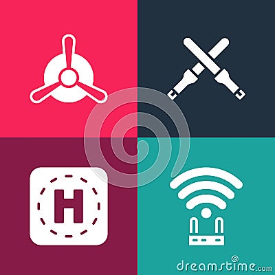Set pop art Router and wi-fi signal, Helicopter landing pad, Marshalling wands and Plane propeller icon. Vector Vector Illustration