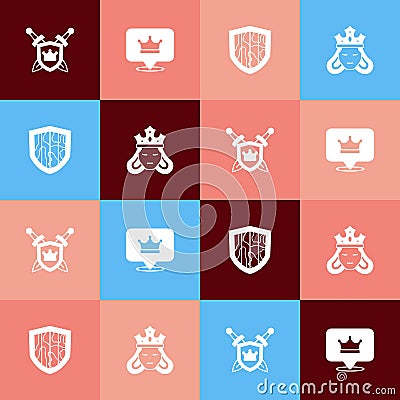 Set pop art Shield with swords, King crown, and Princess queen icon. Vector Vector Illustration