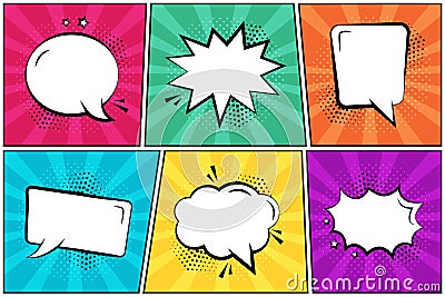 Set in pop art style. White empty comic speech bubbles on colorful background. Vector Cartoon Illustration