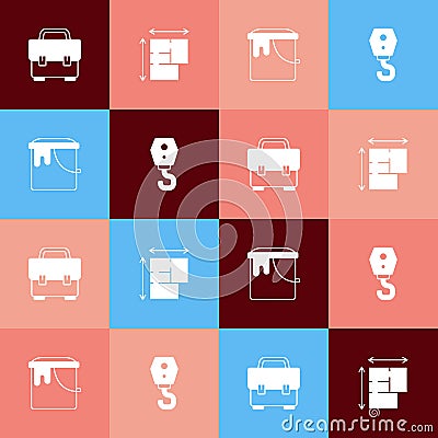 Set pop art Toolbox, House plan, Paint bucket and Crane hook icon. Vector Vector Illustration