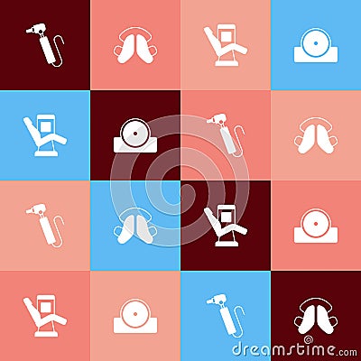 Set pop art Tooth drill, Dental tooth plate, Medical dental chair and Otolaryngological head reflector icon. Vector Vector Illustration