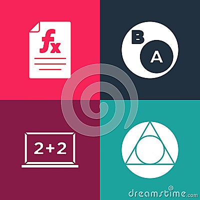 Set pop art Triangle math, Chalkboard, Subsets, is subset of and Function mathematical symbol icon. Vector Vector Illustration