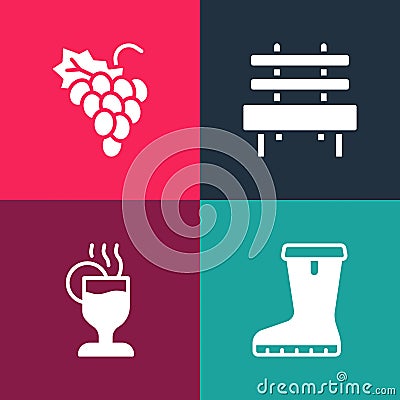 Set pop art Waterproof rubber boot, Mulled wine, Bench and Grape fruit icon. Vector Vector Illustration