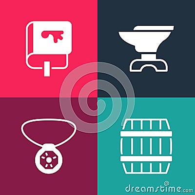 Set pop art Wooden barrel, Necklace with gem, Anvil for blacksmithing and Viking book icon. Vector Stock Photo