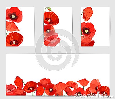 Set of poppies flowers on white background Vector Illustration