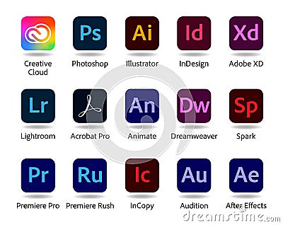 Set of popular Adobe apps icons: Creative Cloud, Photoshop, Illustrator, InDesign, Adobe XD and others Vector Illustration