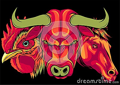 Set of popular colorful vector farm animals on black background Vector Illustration