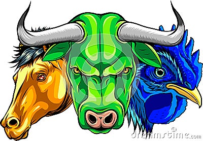 Set of popular colorful vector farm animals and birds on white background Vector Illustration