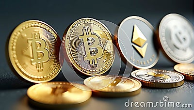 A set of popular cryptocurrency coins like Bitcoin, Ethereum, and Litecoin arranged in a 3D display with a depth-of-field effect, Stock Photo