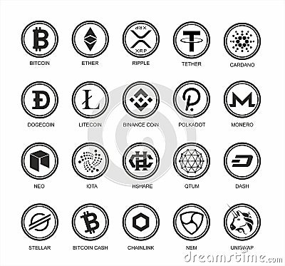 Set of popular cryptocurrency in vector. Black and white Crypto symbols or icons. Vector Illustration
