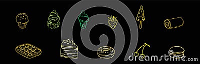 Set of Popular desserts cake, donuts and more icon design template with various models. vector illustration isolated on black Vector Illustration