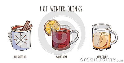 Set of popular hot winter drinks isolated on white. Colorful vector images of Christmas beverages and cocktails. Hot Vector Illustration