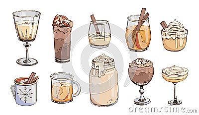 Set of popular hot winter drinks isolated on white. Colorful vector images of Christmas beverages and cocktails. Hot Vector Illustration