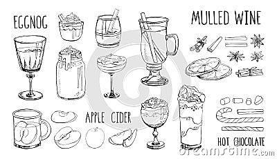 Set of popular hot winter drinks isolated on white. Monochrome vector images of Christmas cocktails, fruit, spices. Hot Vector Illustration