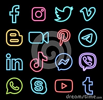 Set of popular logos in neon design: Facebook, Instagram, Twitter, Youtube, WhatsApp, and others. Vector illustration Vector Illustration