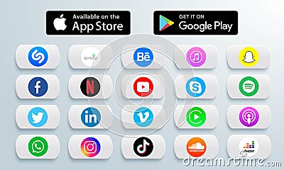 Set of popular mobile apps icons in App Store and Google Play such as facebook, netflix, podcast, twitter, snapchat, behance for Cartoon Illustration