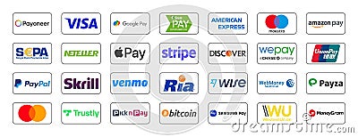 Set of popular Payment System virtual buttons: Google Pay, Payoneer, American Express, MasterCard, Visa and others, on Vector Illustration