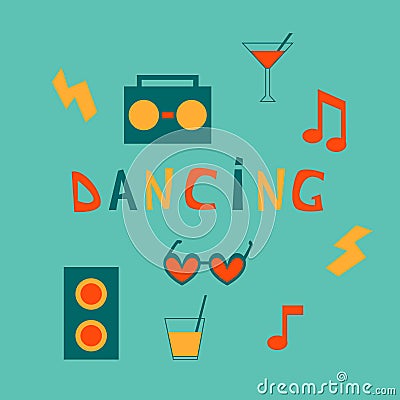 Set with popular sign of dancing: record player, glasses, cocltails, notes. Pop art style Vector Illustration