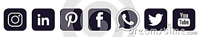 Set of popular social media logos icons in black Instagram Facebook Twitter Youtube WhatsApp element vector on white background Cartoon Illustration