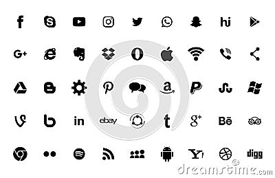 Set of popular social media logos, icons black: Instagram, Facebook, Twitter, Youtube, WhatsApp, LinkedIn, Pinterest, Blog Vector Illustration
