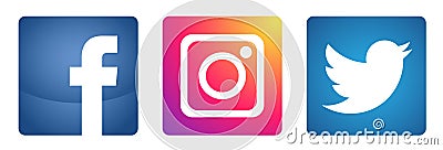 Set of popular social media logos icons Instagram Facebook Twitter element vector on white background Cartoon Illustration