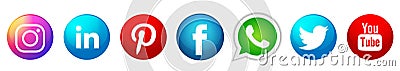 Set of popular social media logos icons Instagram Facebook Twitter Youtube WhatsApp element vector on white background Cartoon Illustration